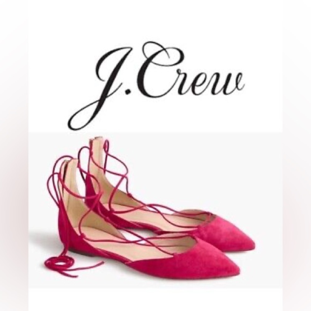 J Crew Fuchsia Magenta Pink Lace Up Pointed Toe Suede Flats, 7.5